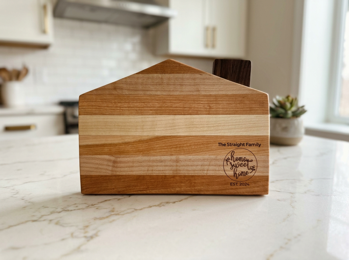 House-shaped wood cutting board engraved with 'The Straight Family — Home Sweet Home, Est. 2024' on a kitchen counter