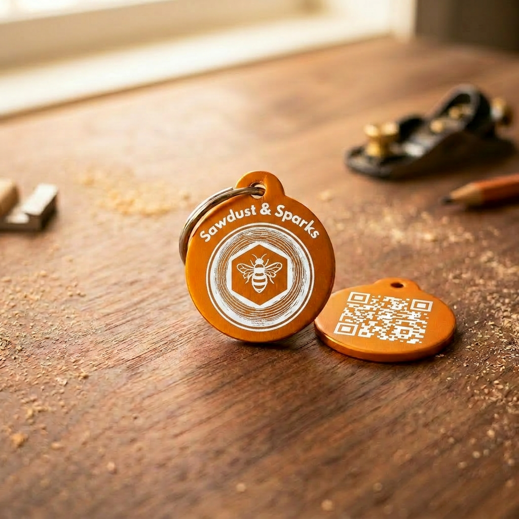 Orange QR-code keytag on a keyring