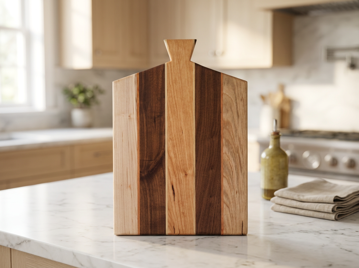 Engraved walnut cutting board in a warmly lit workshop