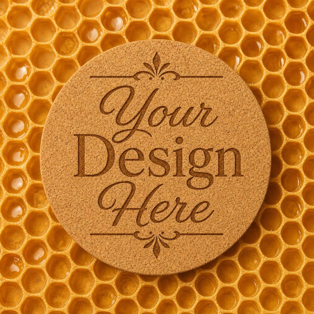 Cork coaster with 'Your Design Here' on a honeycomb background